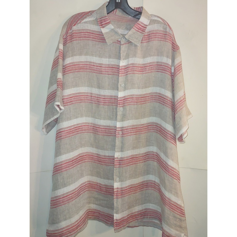 Tasso Elba 100% Linen Button Shirt Men's XXL Red White Gray Stripe Beach Casual